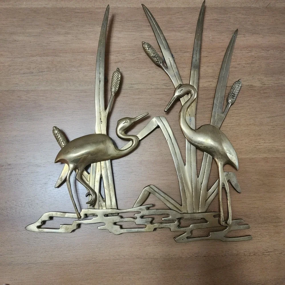 Brass MCM Crane Egret Heron In Reeds Wall Hanging Decor Vintage  Trending